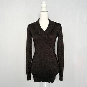 2b Bebe Black Gold Metallic Sweater With Side Buckle, Size Small